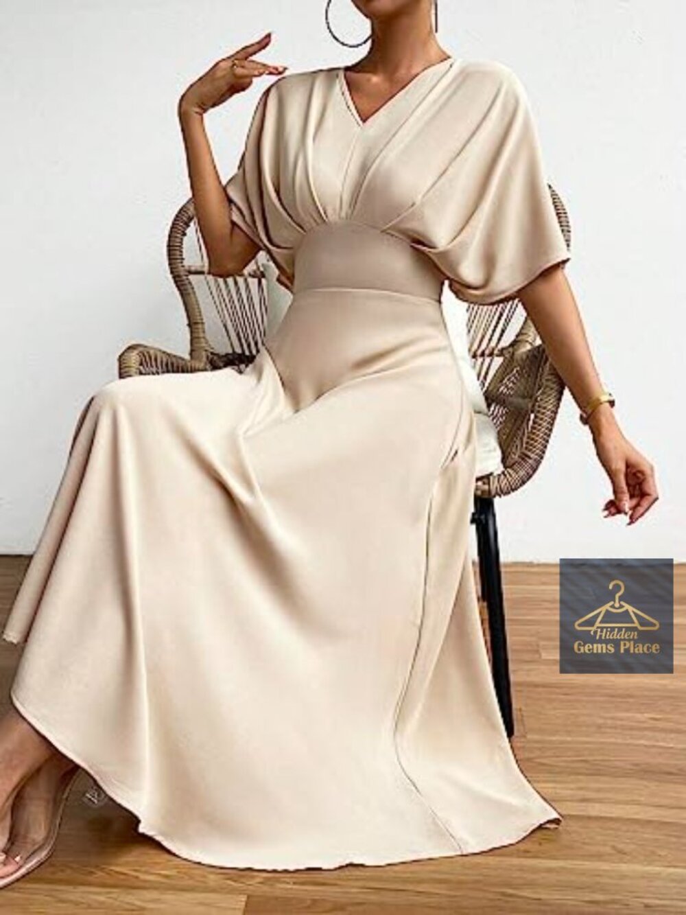 V-Neck Ruched Cocktail Dress with Batwing Sleeves, A-Line Long Formal - Picture 3 of 5